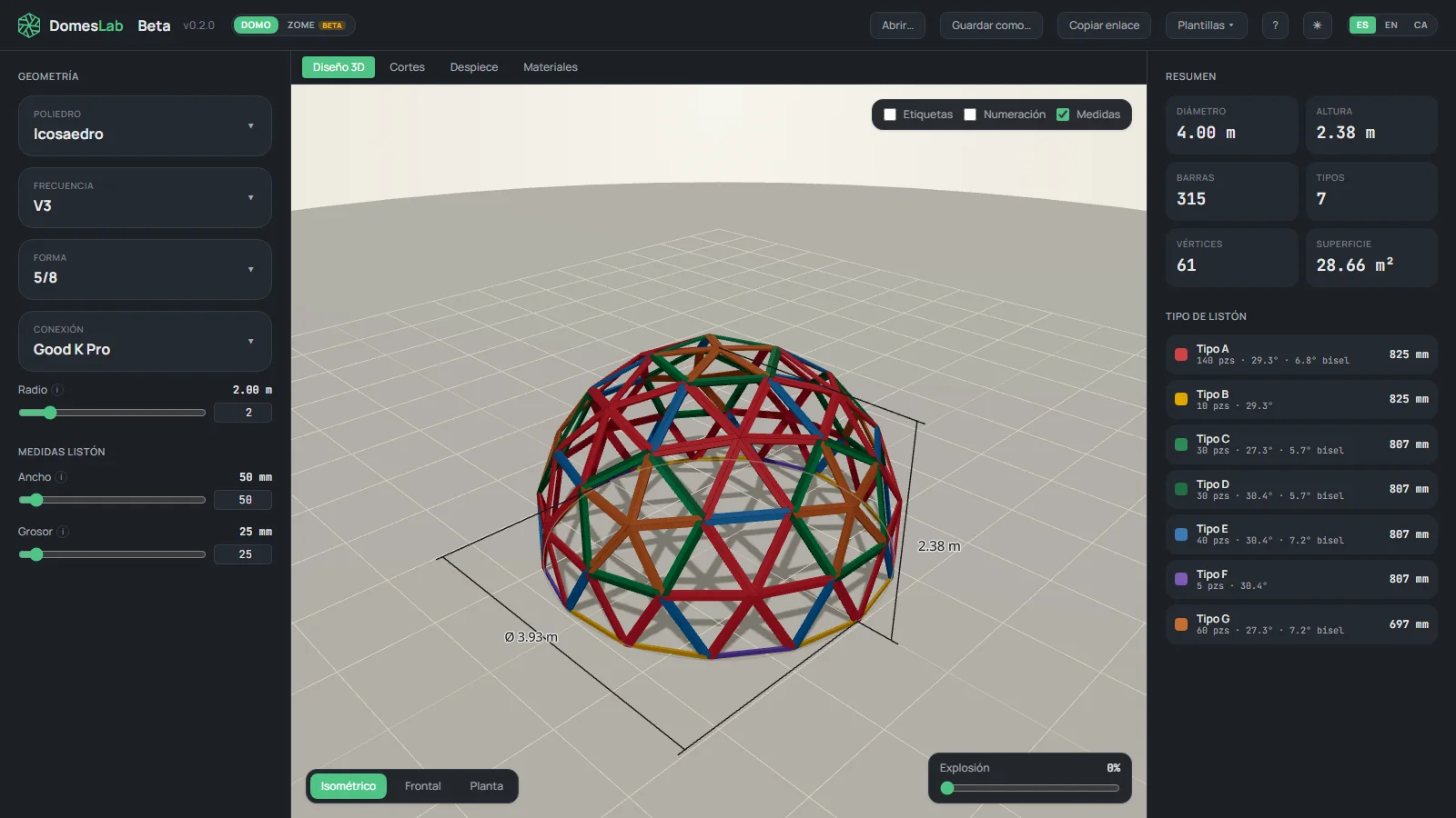 Editor 3D de DomesLab con el domo y las barras clasificadas por color
