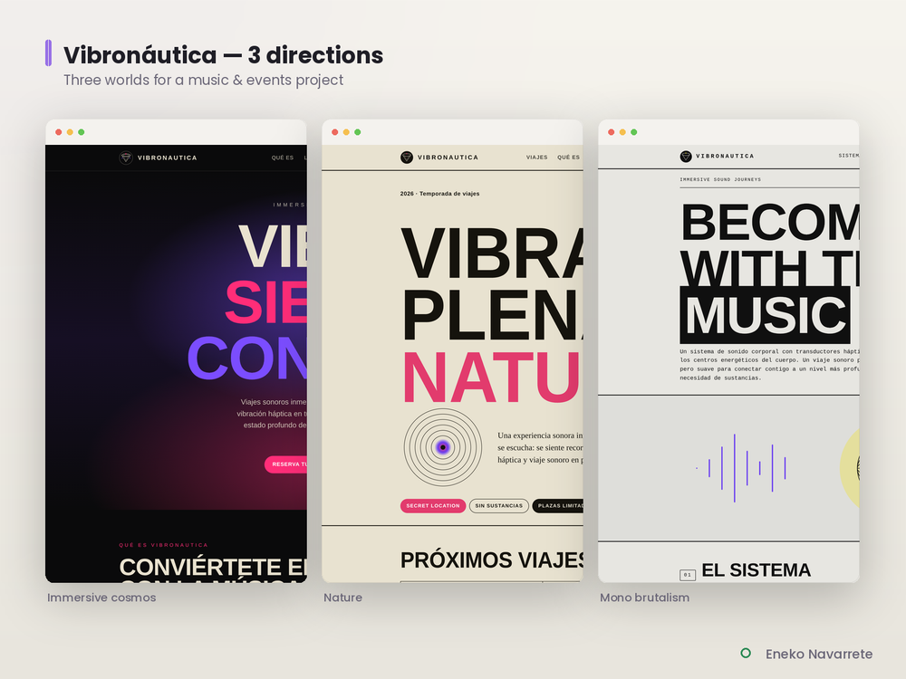 Vibronáutica — tres direcciones visuales para un proyecto de música y eventos